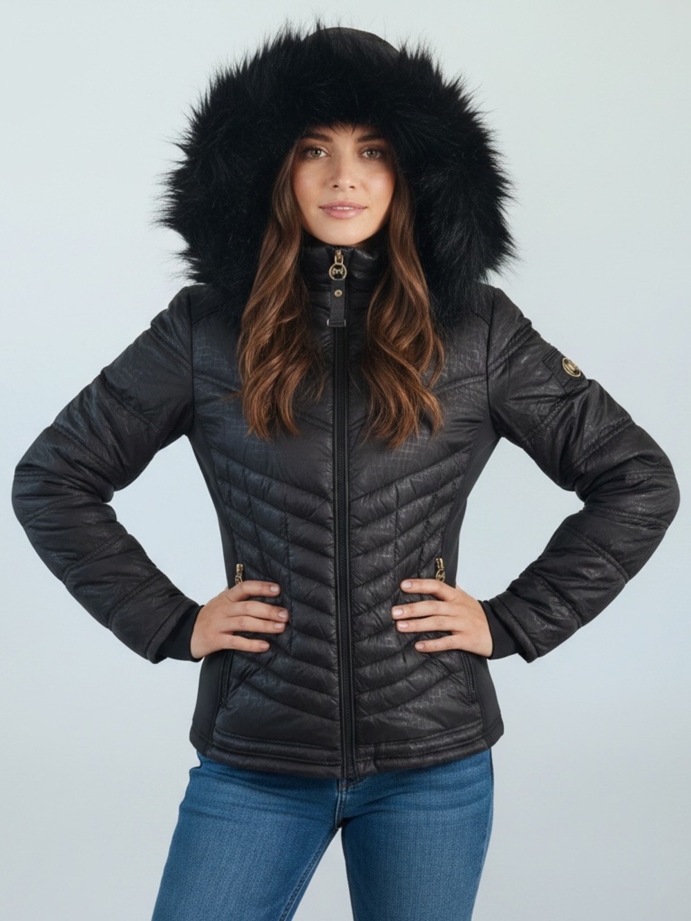 Michael Kors Black Quilted Hooded Puffer Jacket with Faux Fur Trim